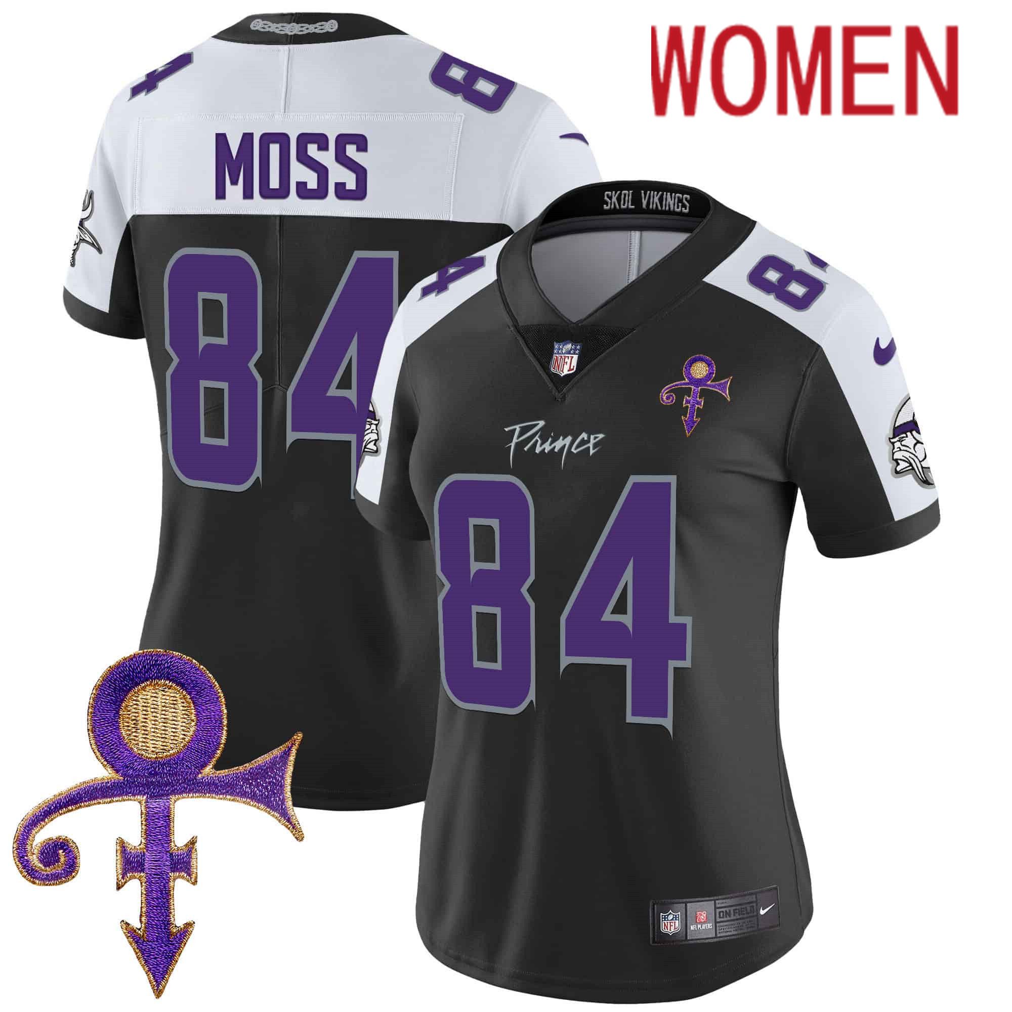 Women Minnesota Vikings 84 Moss Black 2024 Nike Prince Vapor Limited NFL Jersey